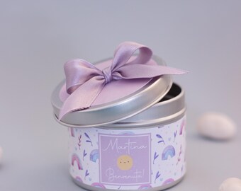 Personalized confetti jar for a baby girl's baptism or birth. Lilac. Rainbow theme.