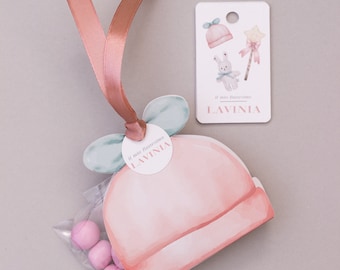 Baptism confetti box shaped like a little girl's hat and personalized tag.