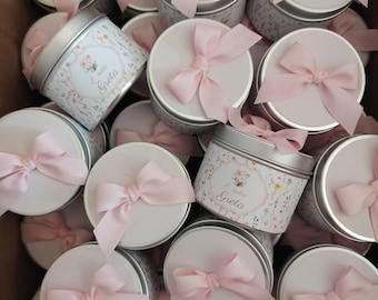 Personalized confetti jar for a baby girl's baptism or birth. Pastel pink. Flower theme. Party favor or candy bar.