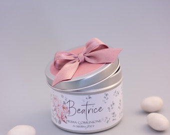 Confetti tin for a girl's First Communion, Baptism, birth, or Confirmation. Pink peony theme.
