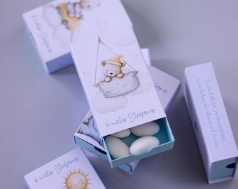 Baby shower or baptism favor box with a light blue or pastel teddy bear theme. Free favors for guests.