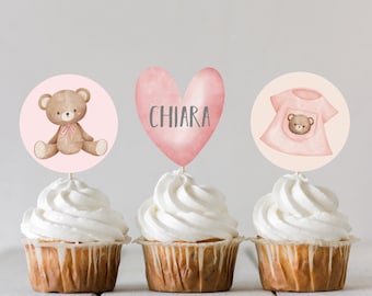 Set of 12 cut out pink bear toppers in wafer wafer. Wafer paper teddy bear ready-to-use toppers for cupcakes, birth, baptism cakes