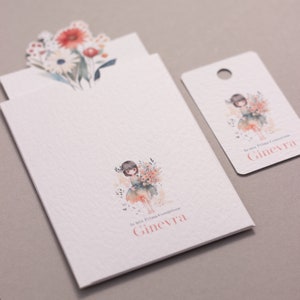 Invito per Prima Comunione e tag in carta martellata tema fatina per bambina. Stampa digitale in alta risoluzione