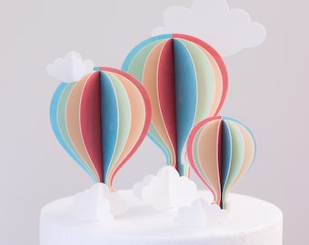 3 hot air balloon cake toppers in wafer cake. Wafer paper hot air balloon cake topper for birthday cakes