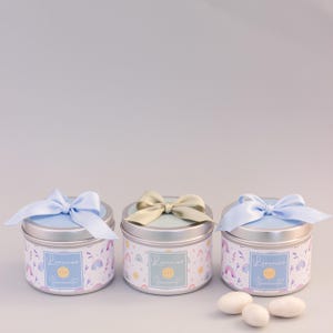 Lattina porta confetti per Battesimo o nascita bambino personalizzata. Azzurro baby e verde pastello. Tema arcobaleno.