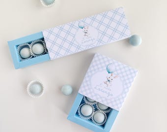 Tasting box for round sugared almonds or sweets (not included), for baby showers or christenings. High-resolution digital printing.