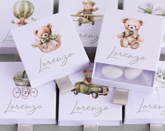 Confetti holder, favor boxes, birth or baptism teddy bear in sage green. High-resolution digital print.