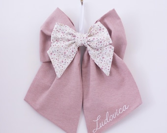 Fiocco nascita bambina rosa antico. Cotone e lino