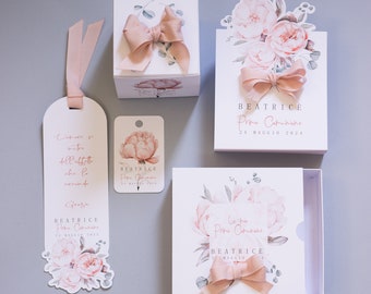 Confetti holders, boxes, place cards and tags for First Communion peony powder favors for girls. High resolution digital printing