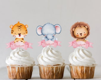 12 cut-out wafer jungle animal toppers. Wafer paper jungle animals ready to use for cupcakes and cakes