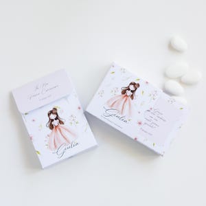 Porta confetti, bustina o scatolina Prima Comunione bambina castana. Rosa pastello.  Stampa digitale in alta risoluzione