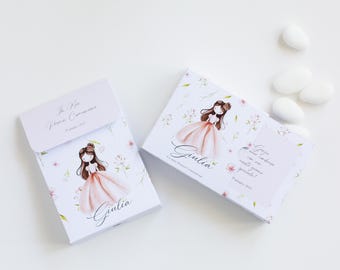 Confetti holder, sachet, or box for a brown-haired girl's First Communion. Pastel pink. High-resolution digital print.