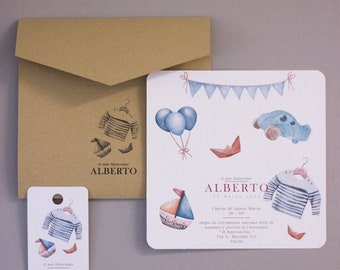 Baptism invitation and hammered paper tag with delicate drawings of games and clothes for children. High resolution digital printing