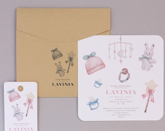 Baptism invitation and hammered paper tag with delicate drawings of games and clothes for girls. High resolution digital printing