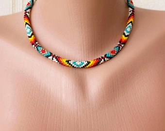 Native beaded necklace Ethnic necklace American Indian traditional colors Southwest style jewelry Gift for sister