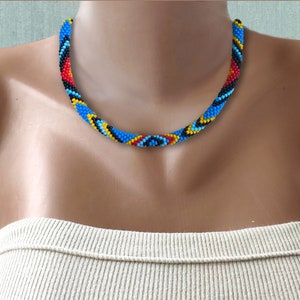 Thin Beaded Crochet Necklace in Native Inspired,  Seed Bead Choker, Boho Minimal Jewelry