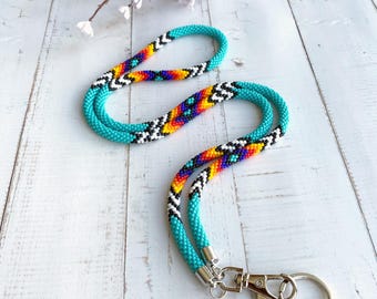 Turquoise Beaded Lanyard Necklace, Ethnic Style ID Holder with Tribal Accent, Crochet Rope, Gift for Teacher Nurse, Office Badge Holder