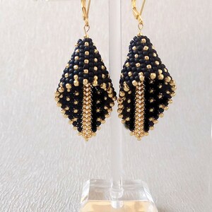 Elegant Black Beaded Earrings with Gold Details. Celestial Jewelry. Gold Dot on Black. Handmade Christmas Gift for Girlfriend