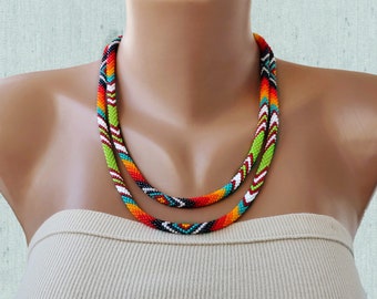 Native Style Long Beaded Necklace, Ethnic Thin Rope Jewelry, Traditional colors