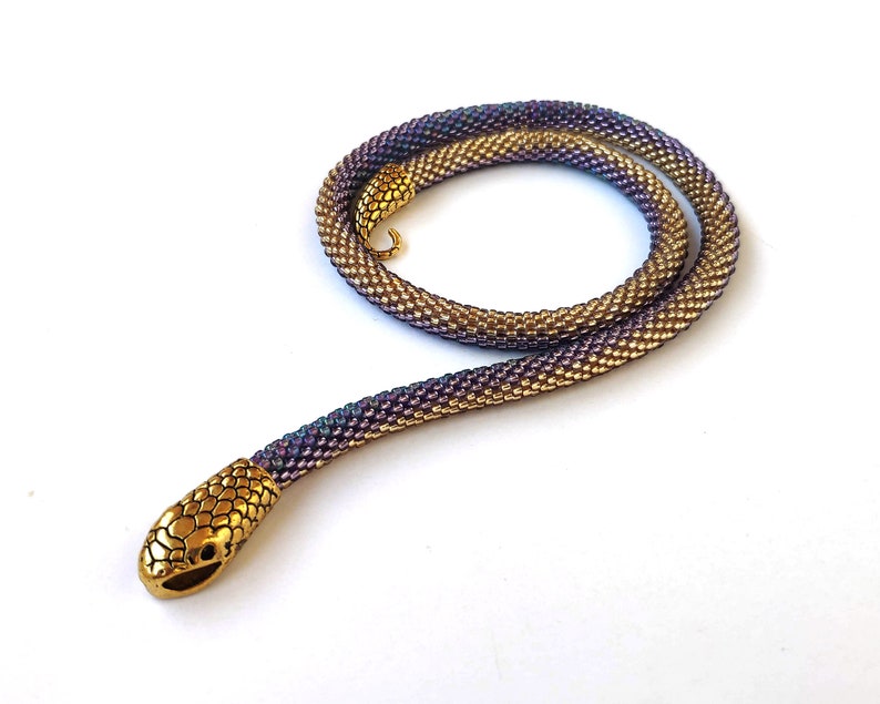 Purple Snake Necklace Crochet Bead Serpent Necklace Shiny Etsy