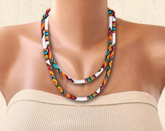 Native Inspired Long Necklace: Tribal Beaded Boho Jewelry, Southwestern Colors