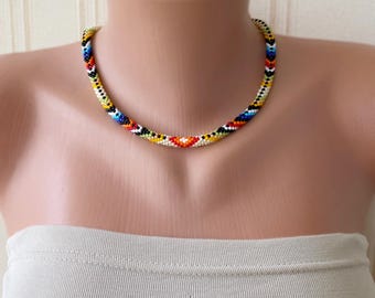 Native inspired beaded necklace Thin rope necklace Ethnic crochet bead jewelry Native traditional colors