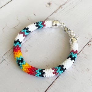 Native style beaded bracelet, Southwestern jewelry, Beaded crochet bangle, Indian inspired jewelry, Ethnic traditional colors, Gift for mom