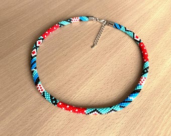 Patchwork Beaded Necklace, Colorful Seed Bead Choker, Crochet Rope Jewelry, Geometric Collar, Handmade Gift for Her