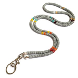 Native Americans style lanyard Gray beaded lanyard  Beaded badge holder ID card holder Teacher lanyard Long keychain Nurse holder
