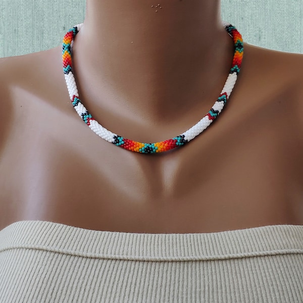 Native style beaded necklace Ethnic necklace White thin rope necklace American traditional colors India style jewelry