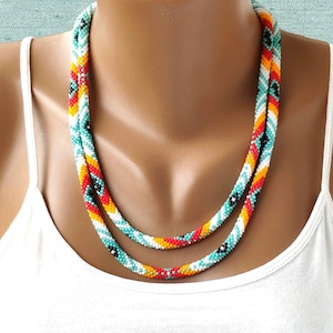 Native American style layered bead necklace, Long tribal jewelry, Southwestern traditional colors