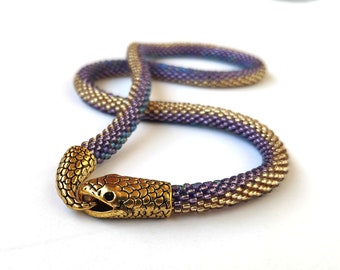 Beaded Purple Snake Necklace, Shiny Serpent jewelry, Ombre choker
