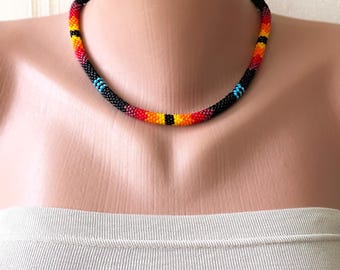 Black Native Inspired  Beaded Necklace Choker, Southwestern Style, Boho Beaded Crochet  Jewelry