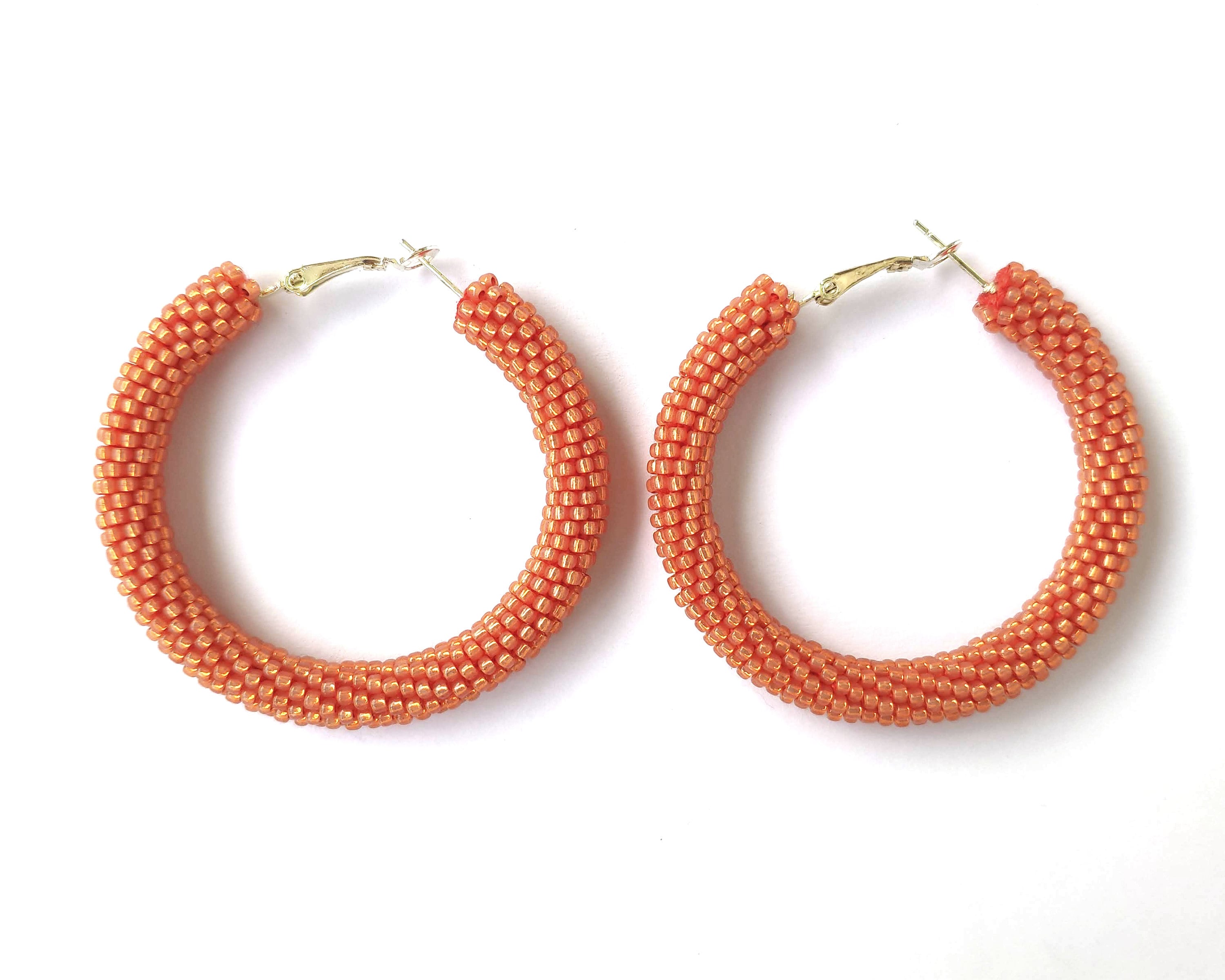 Beaded earrings Orange hoop earrings Orange beaded big Etsy