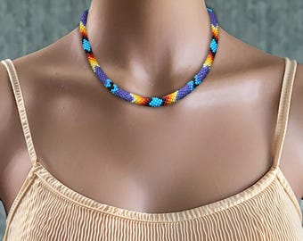 Native Style Thin Rope Beaded Necklace: Ethnic purple Jewelry, American Indian Traditional Colors