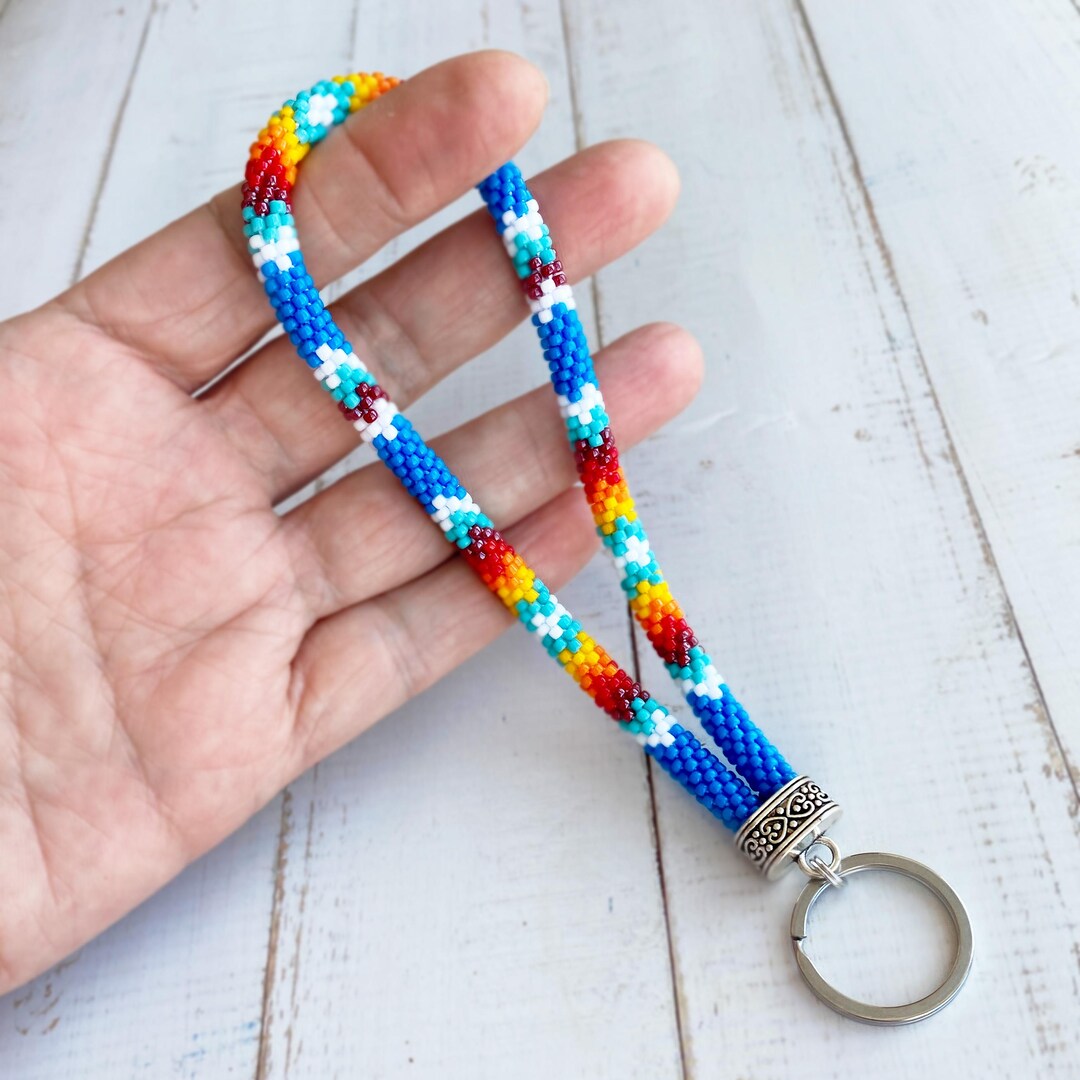 Blue Fire Color Beaded Wristlet Keychain in Southwest Style, Key Fob ...