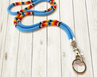 Blue Beaded Lanyard: Native Inspired ID Card Holder, Gift for Teacher or Nurse