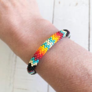 Ethnic beaded bracelet, Native style jewelry, Beaded crochet bangle, Southwest inspired jewelry, Traditional colors, Gift for mom