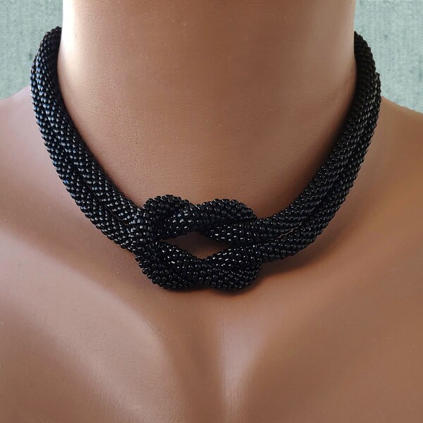 Beaded knot choker Black rope necklace Crochet bead necklace Seed bead boho jewelry Gift for girlfriend