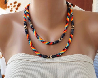 Black Native Inspired Beaded Crochet Long Necklace, Southwestern Style, Boho Seed Bead Jewelry