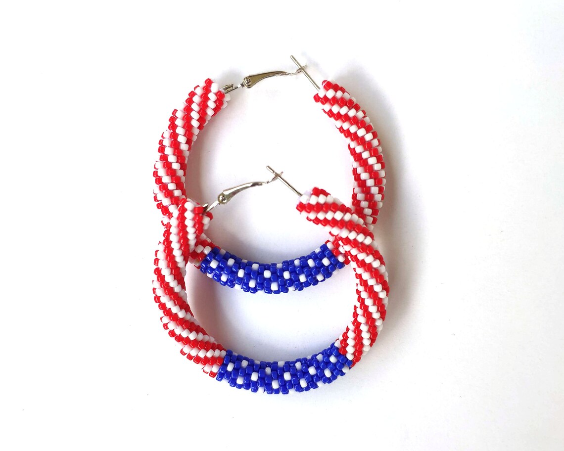 American flag beaded hoop earrings Red white blue earrings Etsy