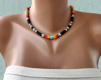 Native Inspired Beaded Necklace, Ethnic Necklace, American Traditional Colors, Black Thin Rope Necklace, Indian Style Jewelry
