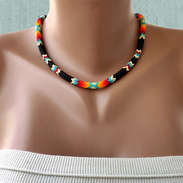 Native beaded necklace Ethnic necklace American traditional colors Black thin rope necklace India style jewelry