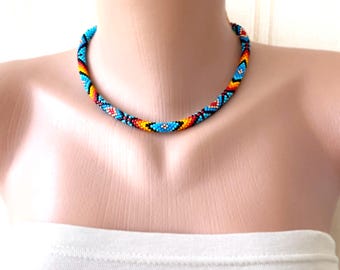 Native Style Beaded Necklace, Ethnic Southwest Jewelry, American Indian Traditional Colors