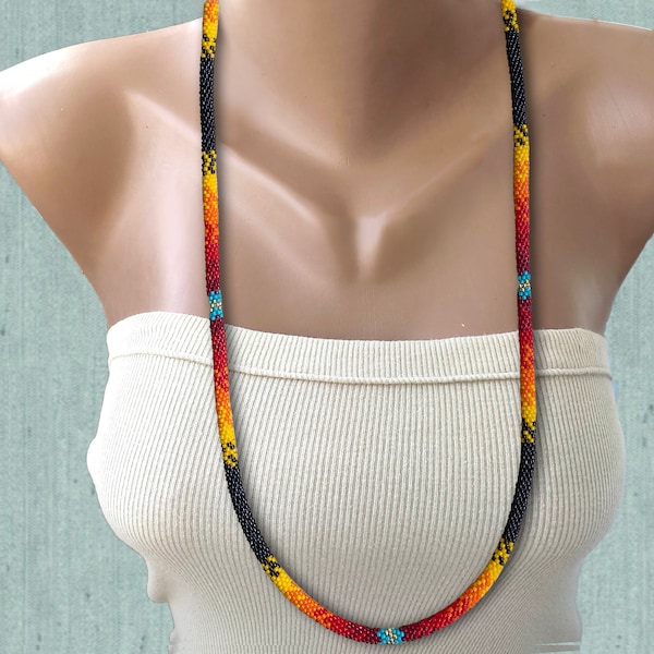 Native style beaded necklace Ethnic necklace American traditional colors Black thin rope necklace India style jewelry