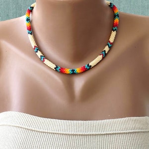 Ethnic crochet bead necklace Thin rope necklace Native traditional colors American style jewelry Indian style