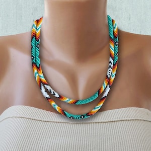 Native inspired beaded necklace Ethnic thin rope necklace Long tribal necklace American traditional style