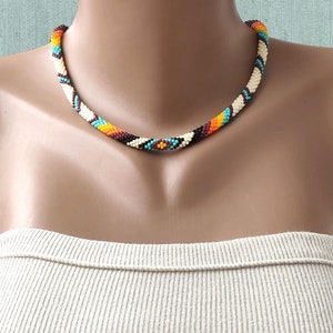 Native style necklace Thin rope necklace Ethnic crochet bead necklace American style jewelry Native traditional colors