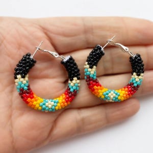 Native style earrings Small beaded hoop earrings Southwestern style jewelry Black beaded earrings American Indian traditional colors