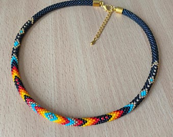 Black Southwest Style Beaded Necklace, Ethnic Handmade Beadwork, Tribal Boho Accessory
